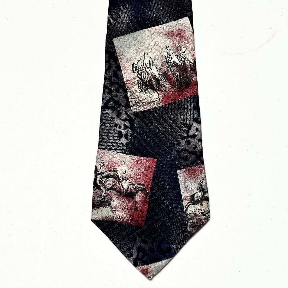 Vintage 90s Field & Stream Silk Tie Horse Racing Equestrian Abstract Red Blue